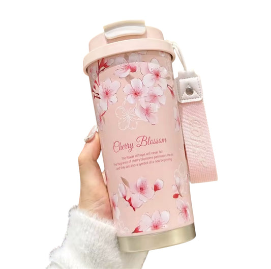 Cherry Blossom Thermo Koffiebeker 500 ml – Roze Reisbeker met Bloemenprint & Draaglus