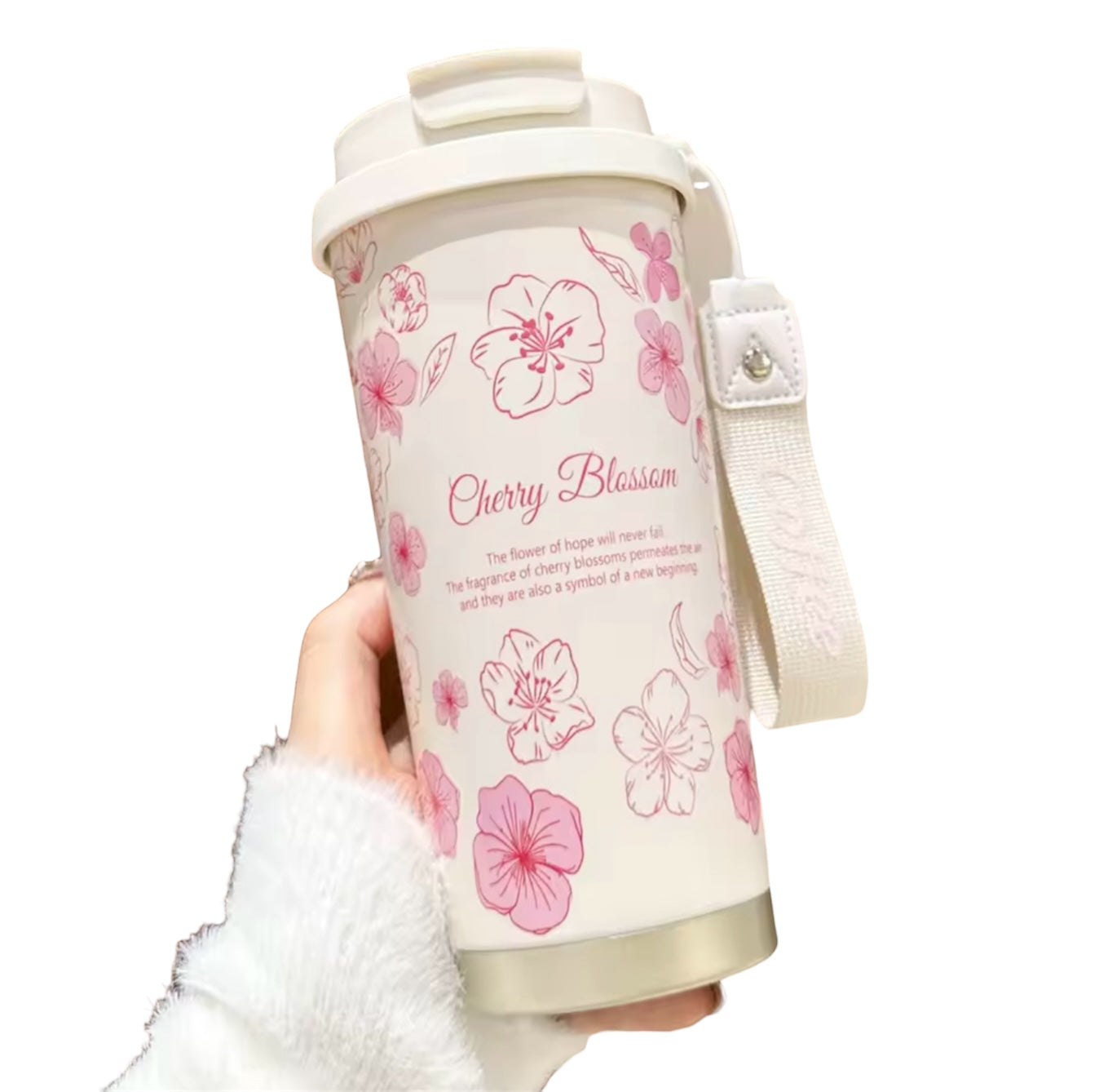 Cherry Blossom Thermo Koffiebeker 500 ml – Roze Reisbeker met Bloemenprint & Draaglus