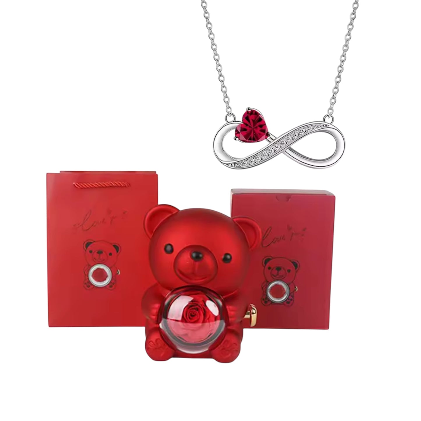 Eeuwige Roos Beer met Infinity Hart Ketting – Romantisch Cadeau voor Valentijn, Moederdag & Verjaardag