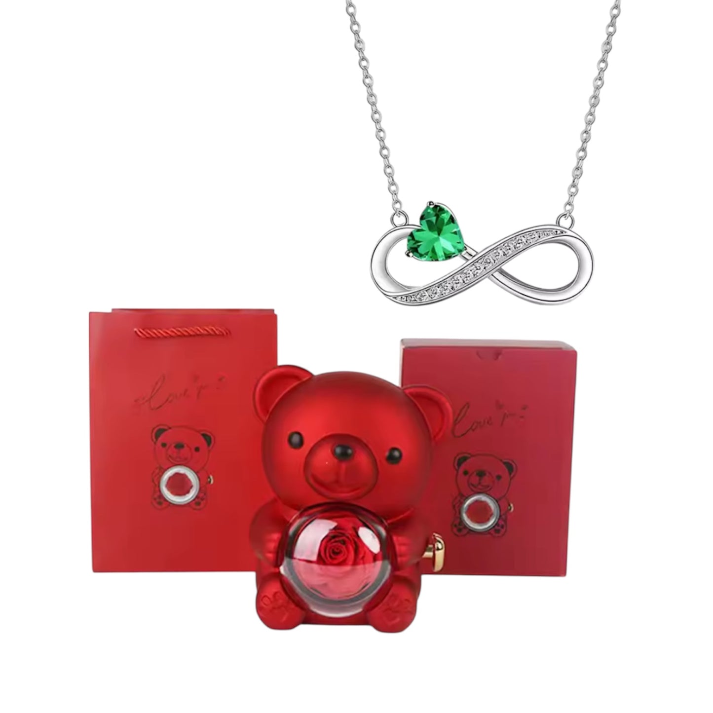 Eeuwige Roos Beer met Infinity Hart Ketting – Romantisch Cadeau voor Valentijn, Moederdag & Verjaardag