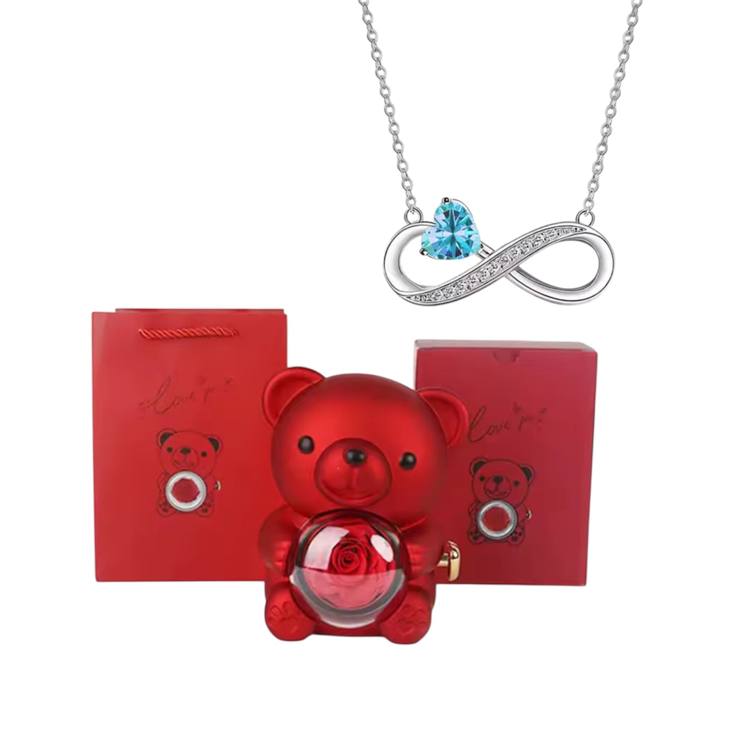 Eeuwige Roos Beer met Infinity Hart Ketting – Romantisch Cadeau voor Valentijn, Moederdag & Verjaardag