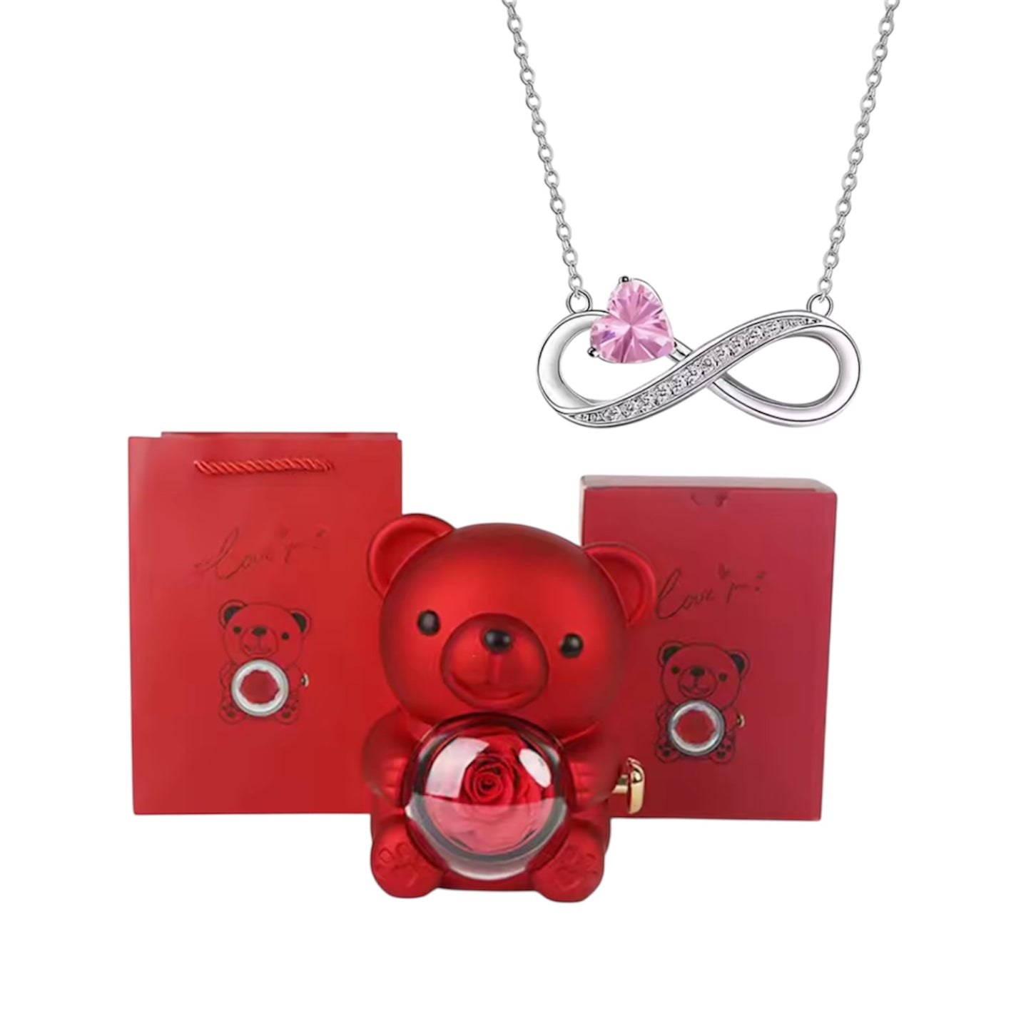 Eeuwige Roos Beer met Infinity Hart Ketting – Romantisch Cadeau voor Valentijn, Moederdag & Verjaardag