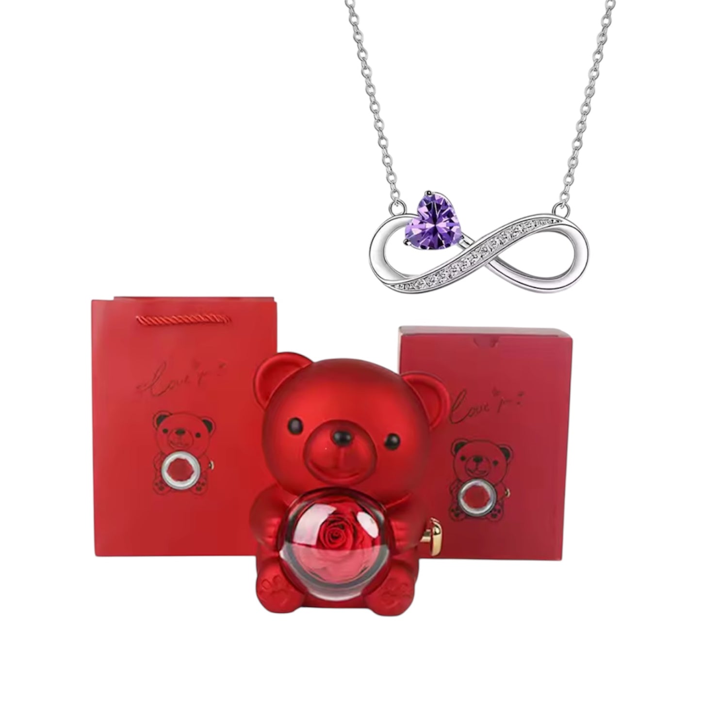 Eeuwige Roos Beer met Infinity Hart Ketting – Romantisch Cadeau voor Valentijn, Moederdag & Verjaardag