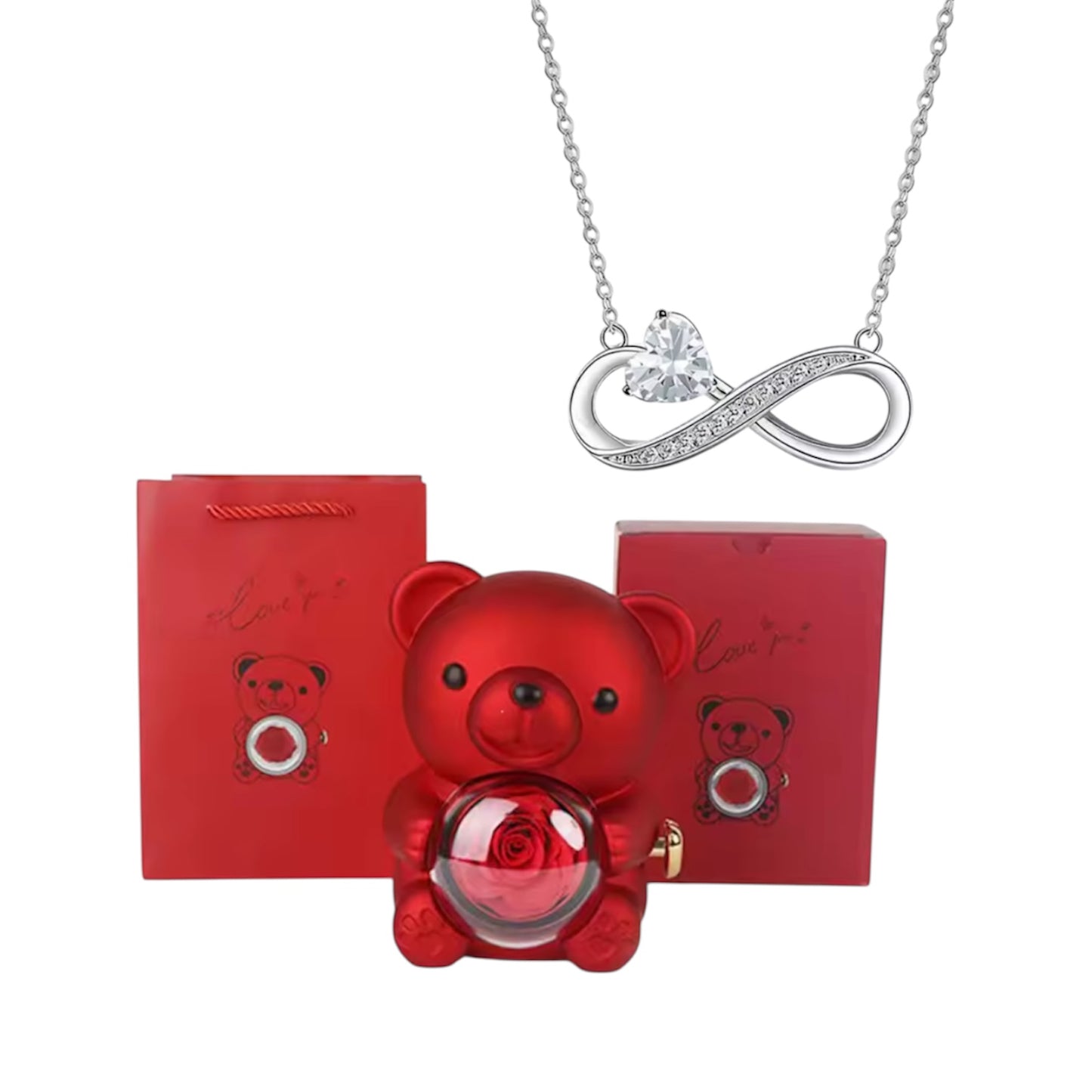Eeuwige Roos Beer met Infinity Hart Ketting – Romantisch Cadeau voor Valentijn, Moederdag & Verjaardag