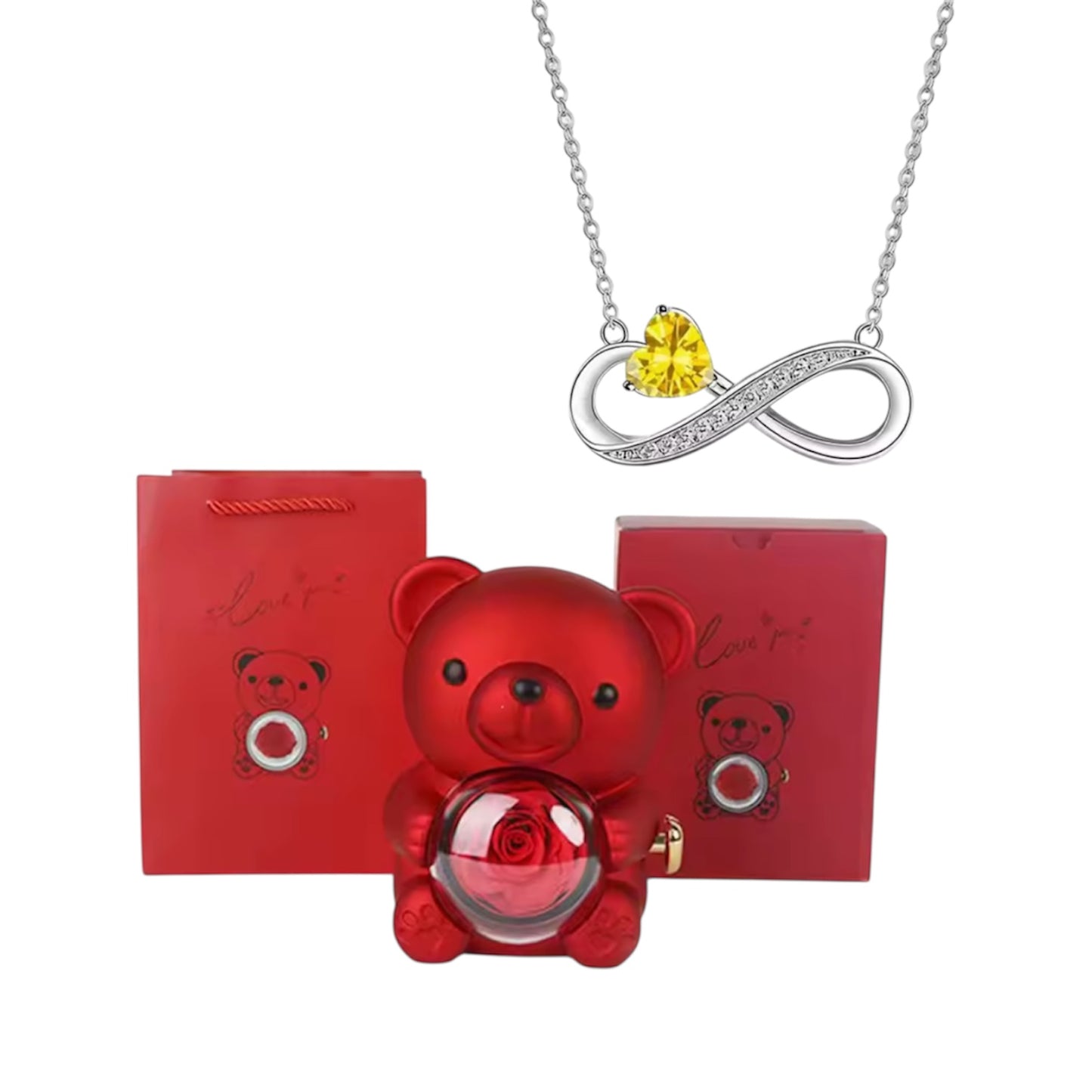 Eeuwige Roos Beer met Infinity Hart Ketting – Romantisch Cadeau voor Valentijn, Moederdag & Verjaardag